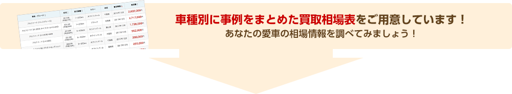 車種別に事例をまとめた買取相場表をご用意しています！あなたの愛車の相場情報を調べてみましょう！